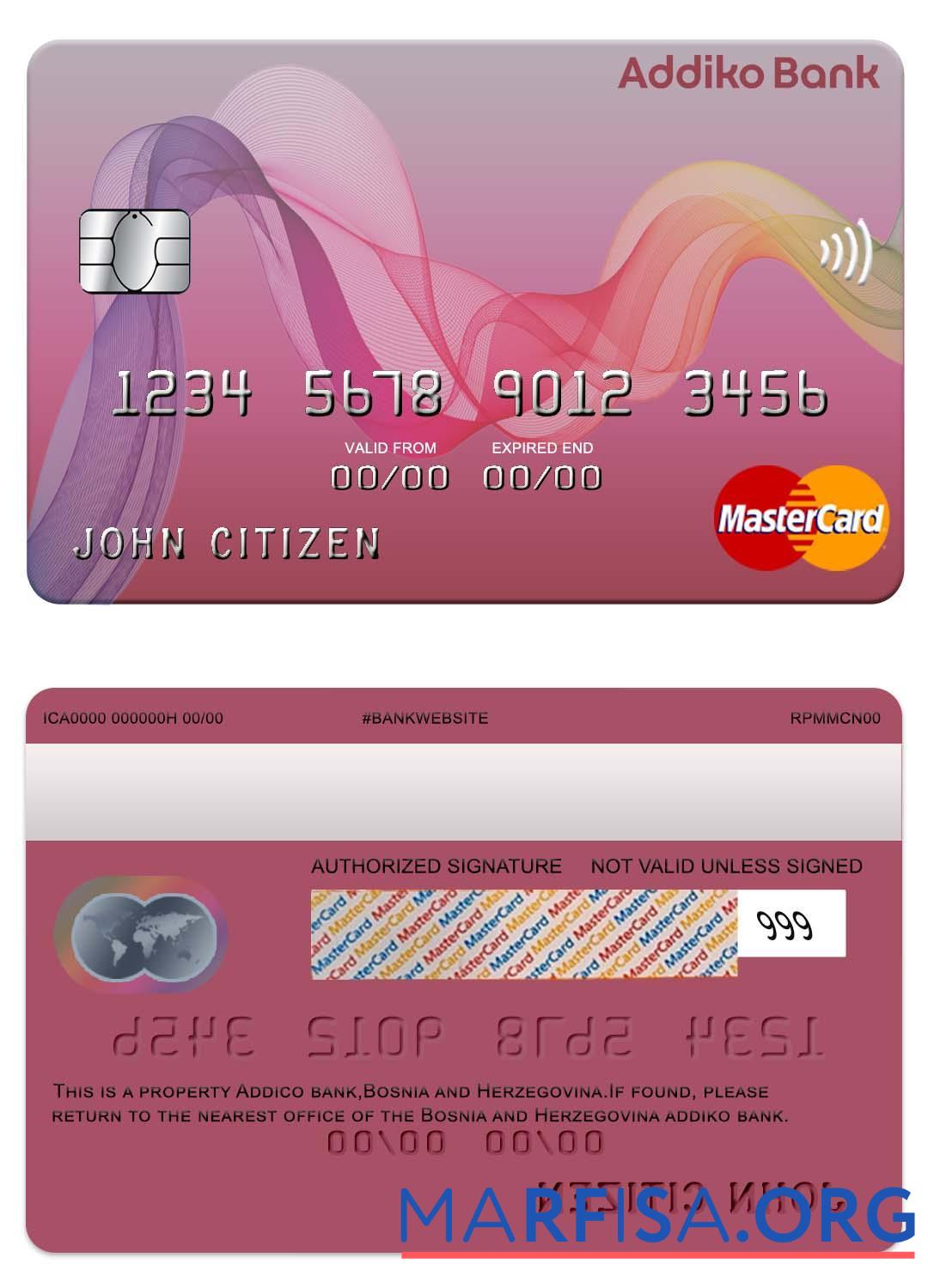 Printable Bosnia and Herzegovina Addiko bank mastercard example